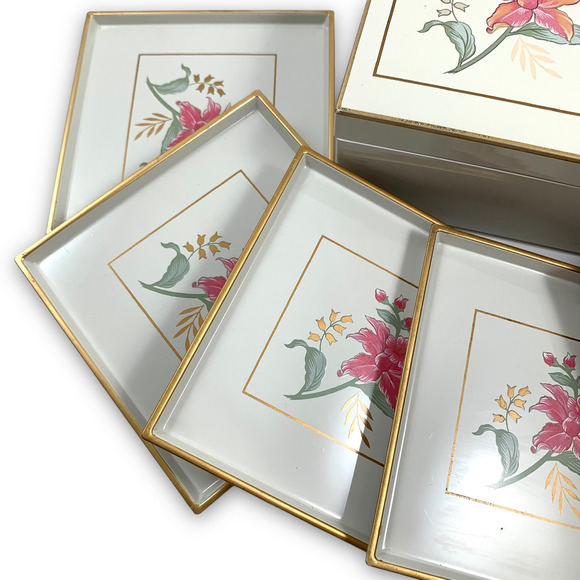 1960's OTAGIRI JAPAN PRIMA floral lacquerware boxed coasters set - Picture 1 of 9